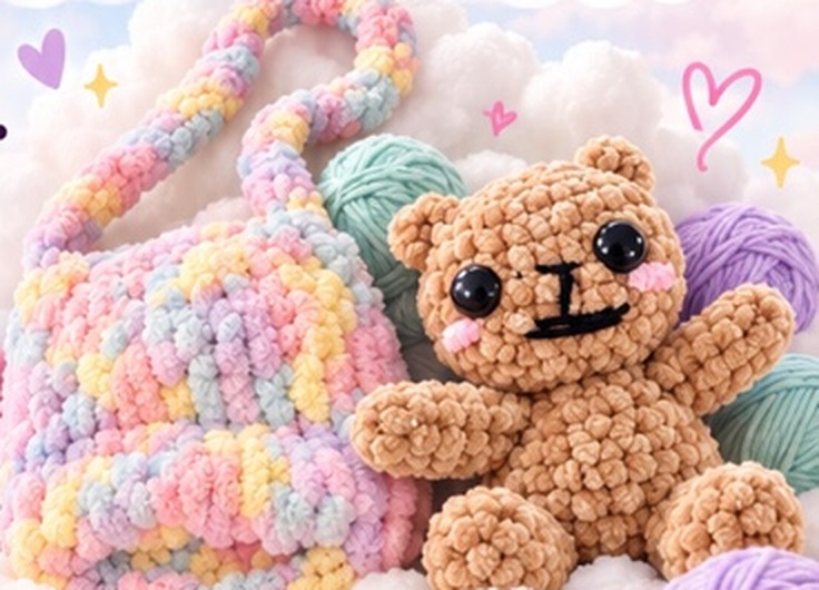 The Pastel Cloud Bag and Cuddle Teddy sitting on fluffy clouds with pastel yarn balls